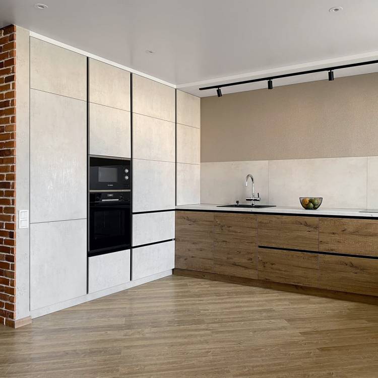 Современная дизайнерская угловая кухня без верхних ящиков