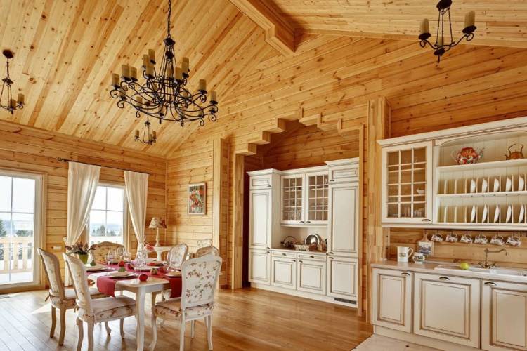 Дизайн кухни в деревянном доме, Кухня-гостиная в деревянном дом
