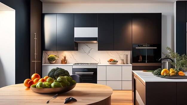 Дизайн визуализация черной современной кухни в доме с красивым дизайном