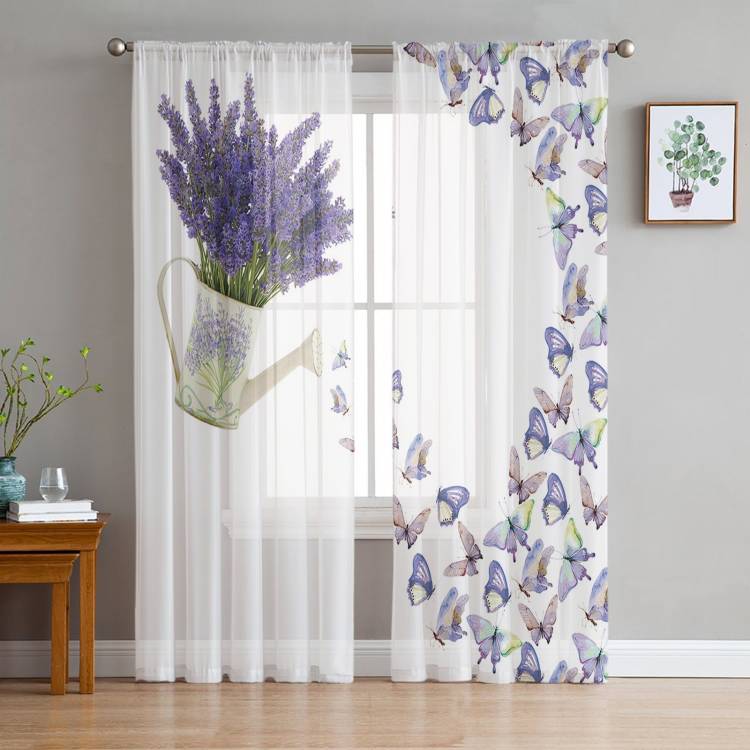 Фиолетовые Лавандовые бабочки, прозрачные шторы для гостиной, спальни, кухни, тюль для окон, вуаль, занавески, украшение для дом