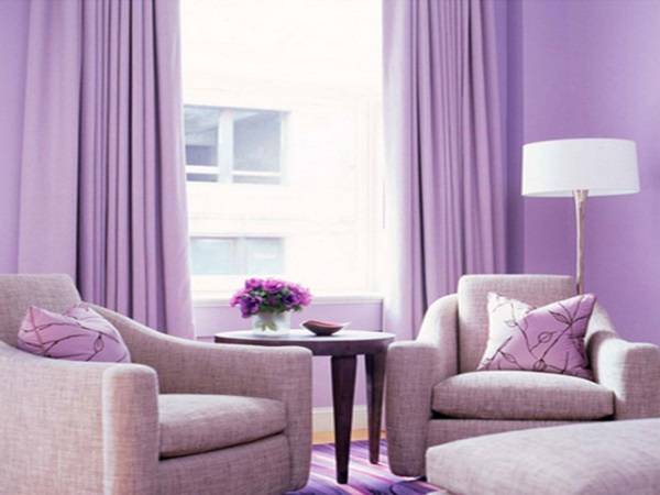 Фиолетовые шторы, тюль в интерьере спальни и не тольк