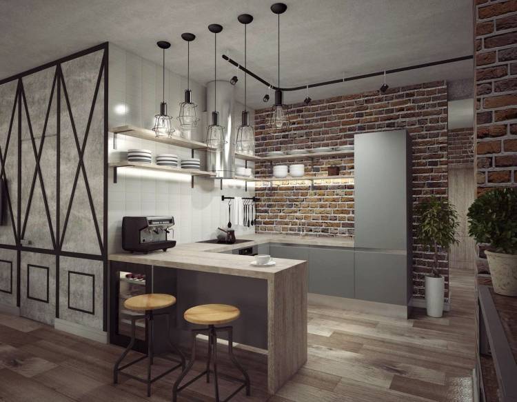 Дизайн кухни гостиной в стиле лофт