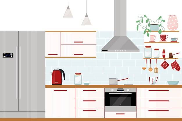 Современный стильный интерьер кухни с двойным холодильником, духовкой, вытяжкой, кухонной утварью