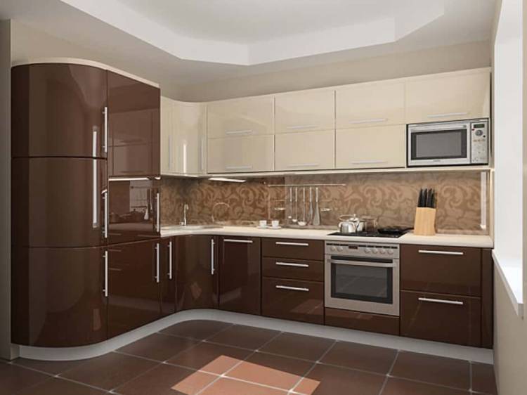 Кухня в коричневых тонах с радиусными фасадами