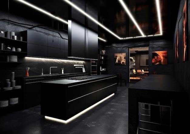 Черная кухня с черным кухонным островом с черной столешницей и подсветкой