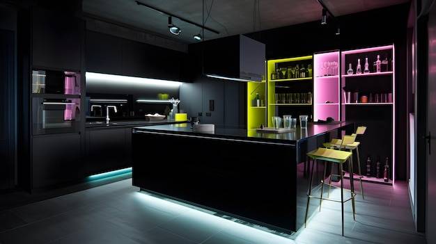 Черная кухня с неоновой подсветкой на стенах и черной стойкой с барной стойкой посереди