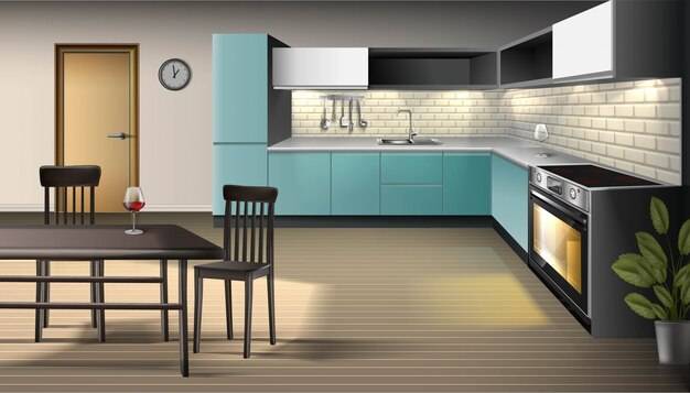 Иллюстрация современного реалистичного интерьера кухни с посудой, духовкой с подсветкой, шкафами, полками с барными стульями и барным столом