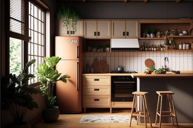 Коричнево-черная кухня с реактивным холодильником и растением на ст