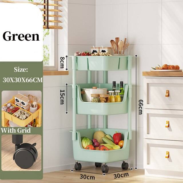 Трехуровневая корзина для хранения фруктов и овощей с запираемыми колесами, вращающаяся подставка для кухни, кладовой, ванной комнаты