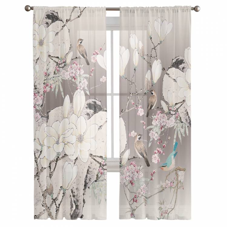 Современные прозрачные шторы с цветами и птицами в китайском стиле для гостиной, спальни, кухни, шифоновые тюлевые шторы, Декор для дома, отеля, коф