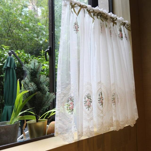 Корейская роза Вышивка Короткие шторы для кухни отделка стержень карман кружева банты половина шторы cortinas для перегородки шкаф