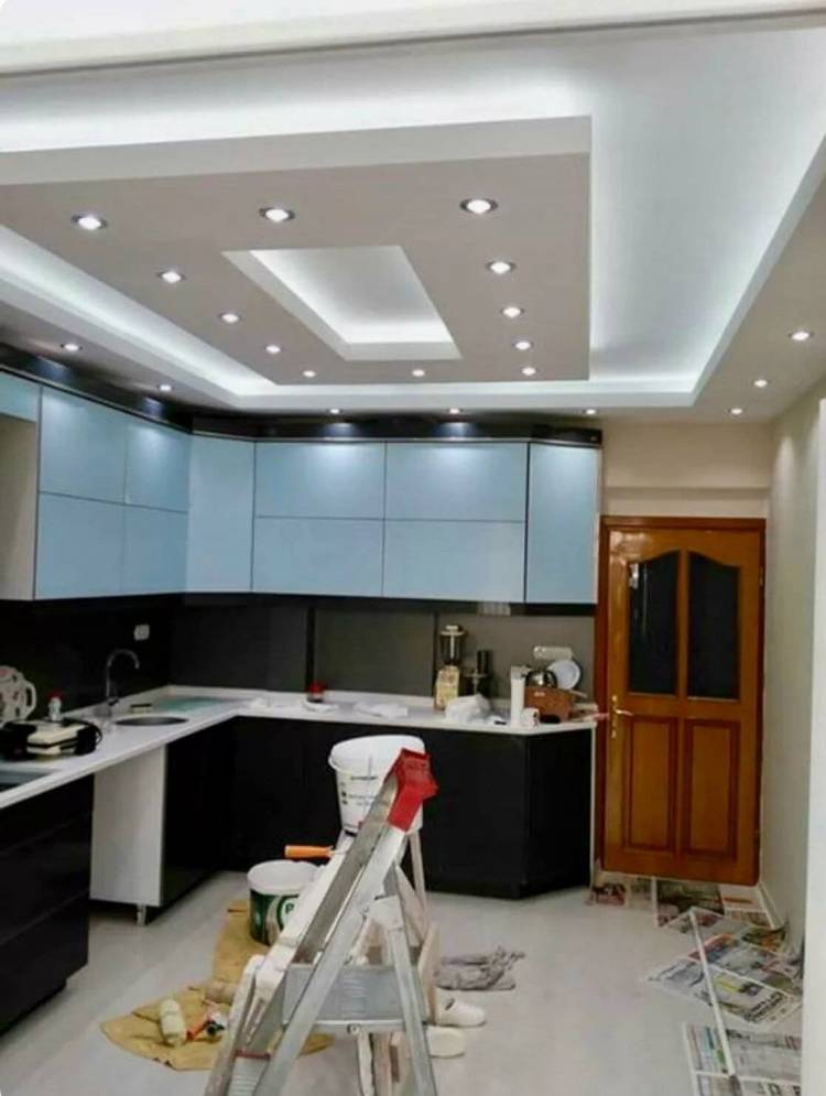 Дизайн потолка на кухне из гипсокарт