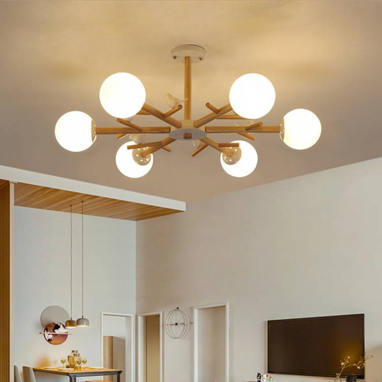 Современная Деревянная люстра, светодиодный светильник для гостиной, спальни, кухни, стеклянная лампа, белый декоративный дизайн, лампа в скандинавском стиле с птицами