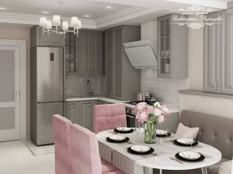Сочетание серого и розового в интерьере кухни