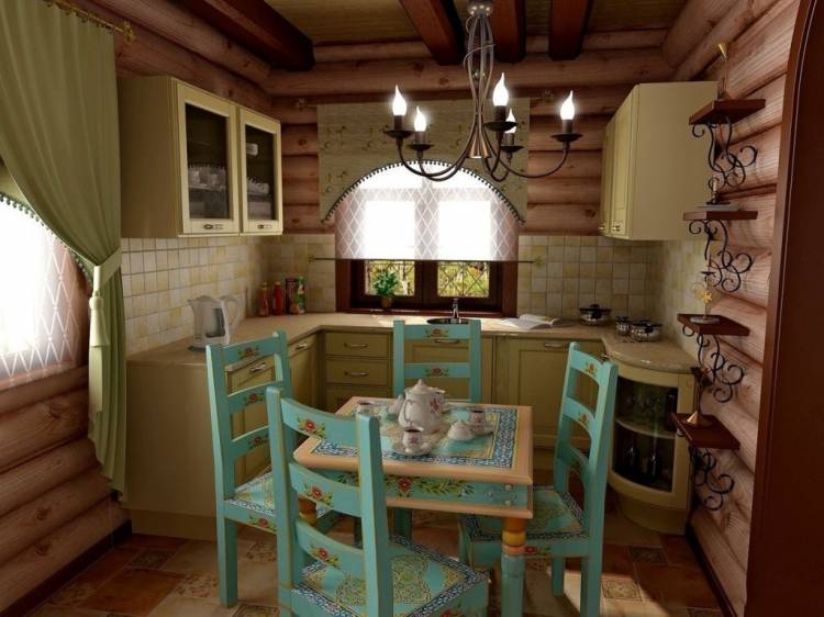 Интерьер маленькой кухни в деревянном дом
