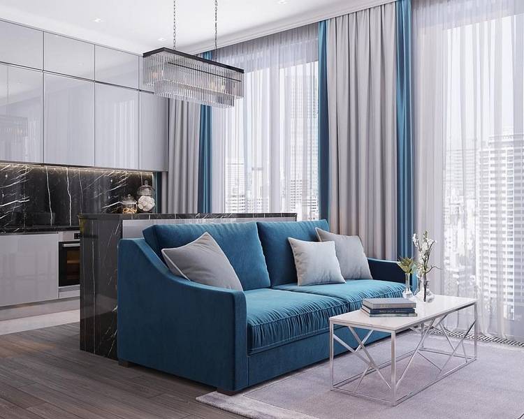 Синий диван в интерьере гостиной фото, интерьер с синим диваном, темносиний диван, угловой
