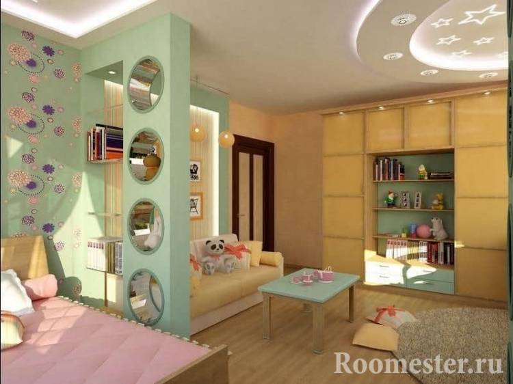 Дизайн гостиной и детской в одной комнат