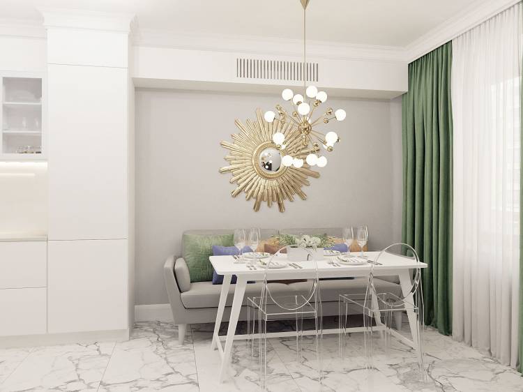 столовая, диван на кухне, латунь и серый в интерьере, зеркало-солнце, дизайн интерьера в стиле современная класси