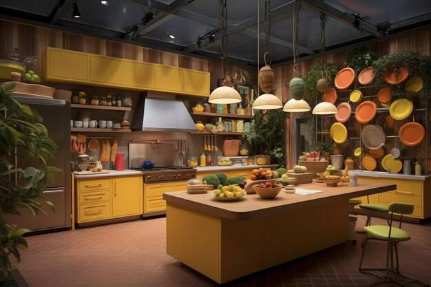 Кухня с желтым кухонным островом и желтым кухонным островом со столом с едой на нем
