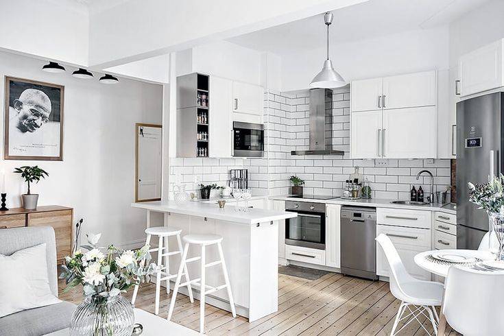 Белая кухня в интерьере гостиной: 106 фото идей