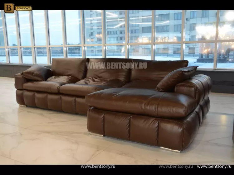 Угловой кожаный диван Марчелло с оттоманкой и подлокотниками