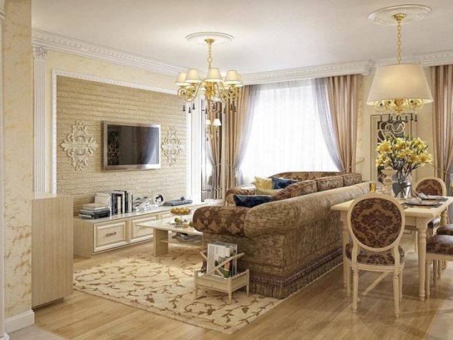 Гостиная в классическом стиле, интерьер красивой гостиной в современной классике, дизайн потол
