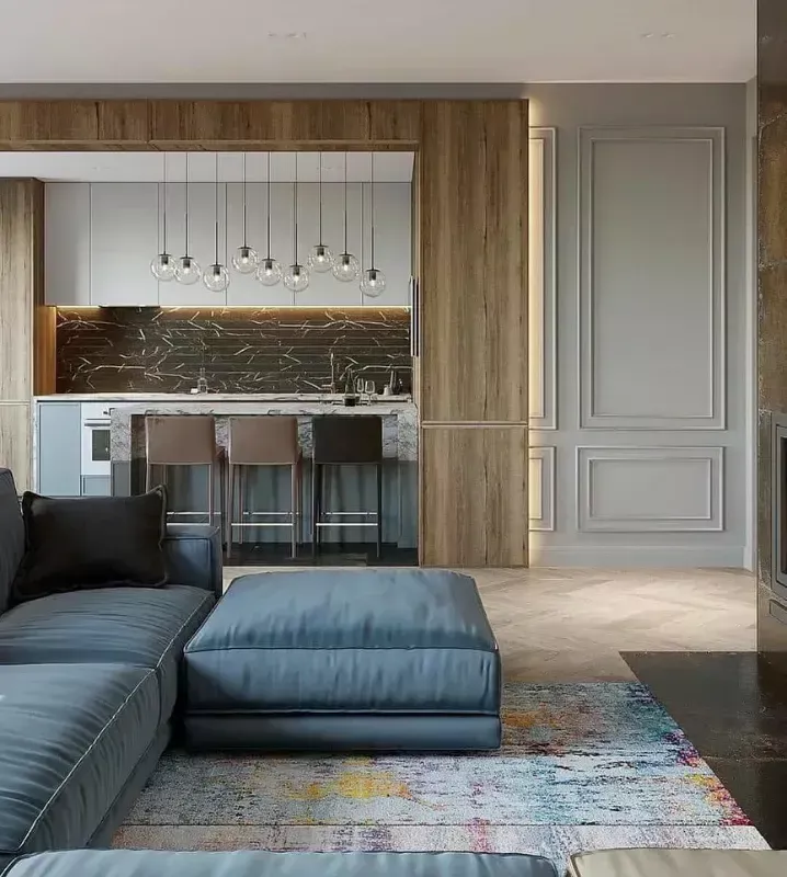 Дизайн кухни-гостиной с диваном в современном стиле