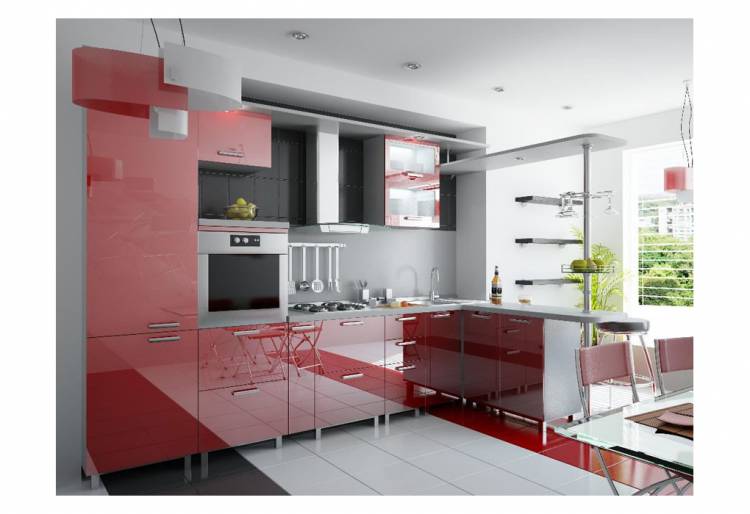 Кухня с фасадом красного цвет