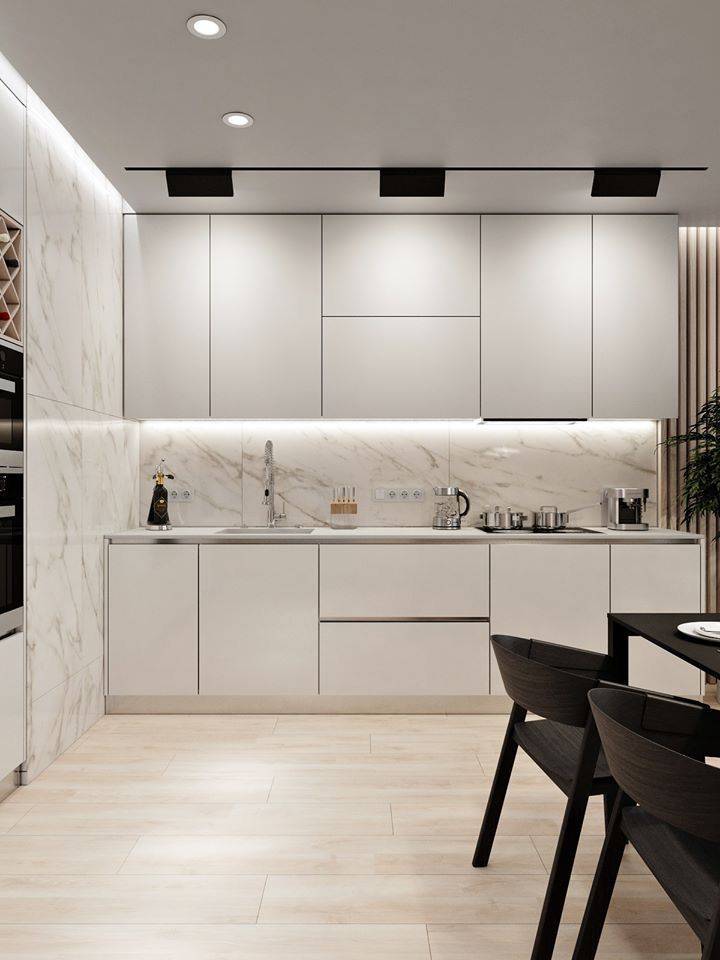 Белая кухня в современном стиле с фасадами без руч