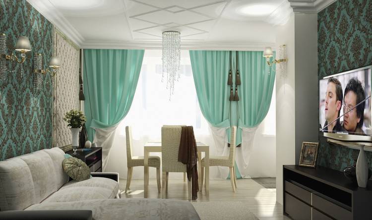 Бирюзовые шторы в интерьере спальни, гостиной и кухни