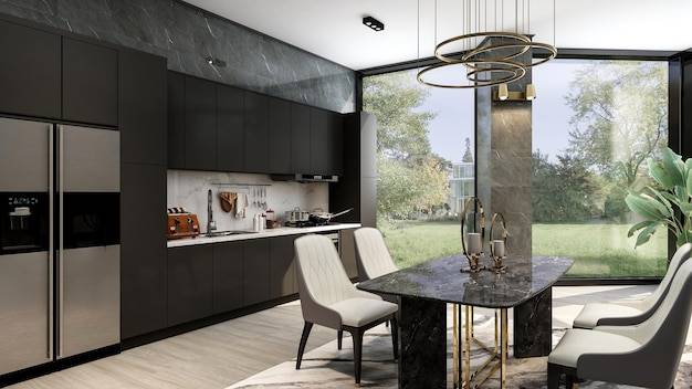 Черный современный современный стильный интерьер кухни с роскошным обеденным столом и большим окном