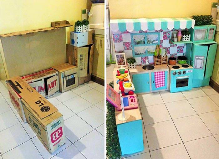 Как сделать игрушечную мини-кухню из картонных коробок для реб