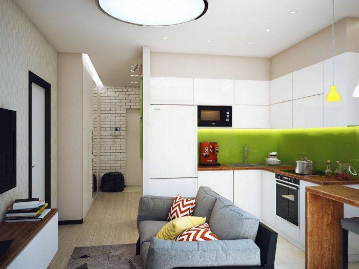 Проект дизайна совмещенной кухни и гостиной небольших размеров