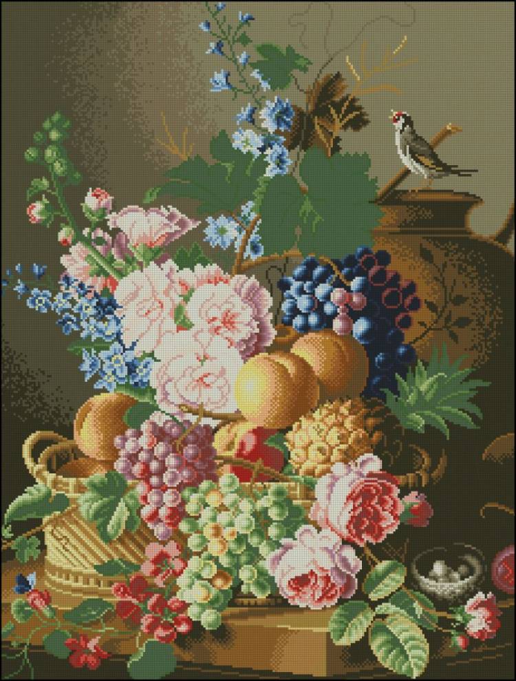 Bodegon de Flores- схема для вышивки крестом Натюрморт с цветами и фруктами