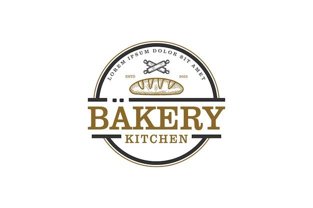 Дизайн логотипа кухни пекарни со скалкой, торт, выпечка, значок, винтажный значок, еда, напит