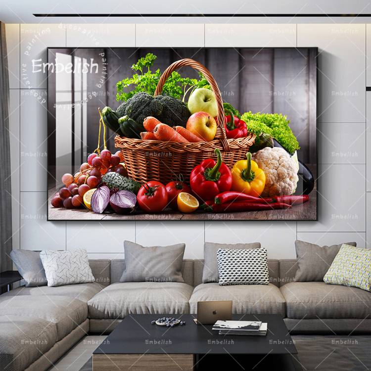 Картины для кухни, гостиной, постеры на холсте с изображением здоровых овощей и фруктов в корзи