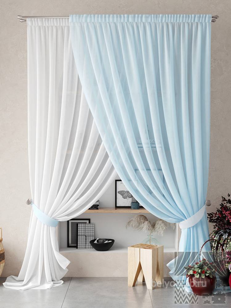 Комплект штор из вуали Нурия белый-голубой