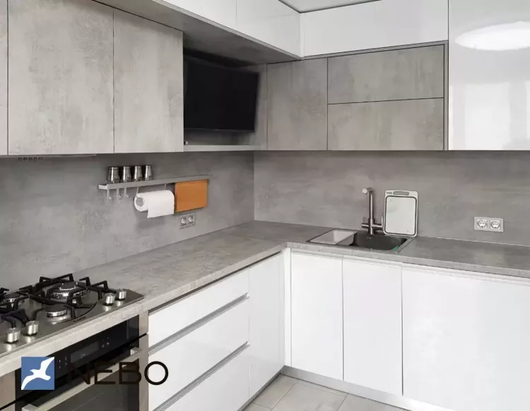 Кухня с фасадами из пластика ASD (белый) и ЛДСП Cleaf (серый)