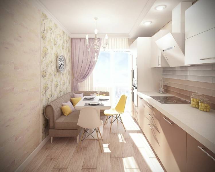 Дизайн узкой кухни с диваном