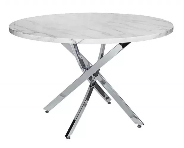 Обеденный стол круглый белый под мрамор с ножками хром