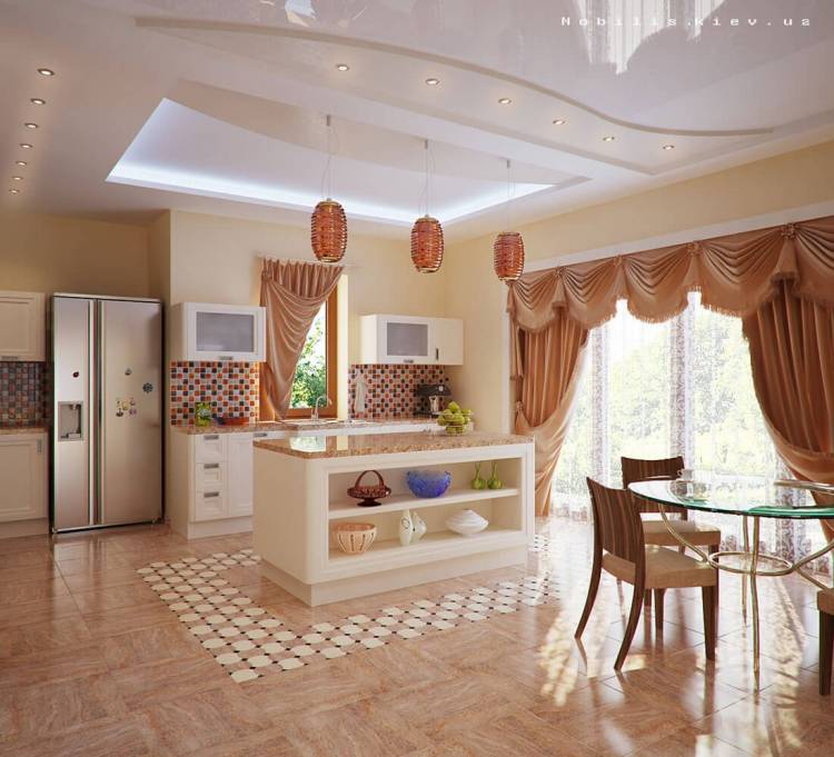 Дизайн потолка кухни в частном дом