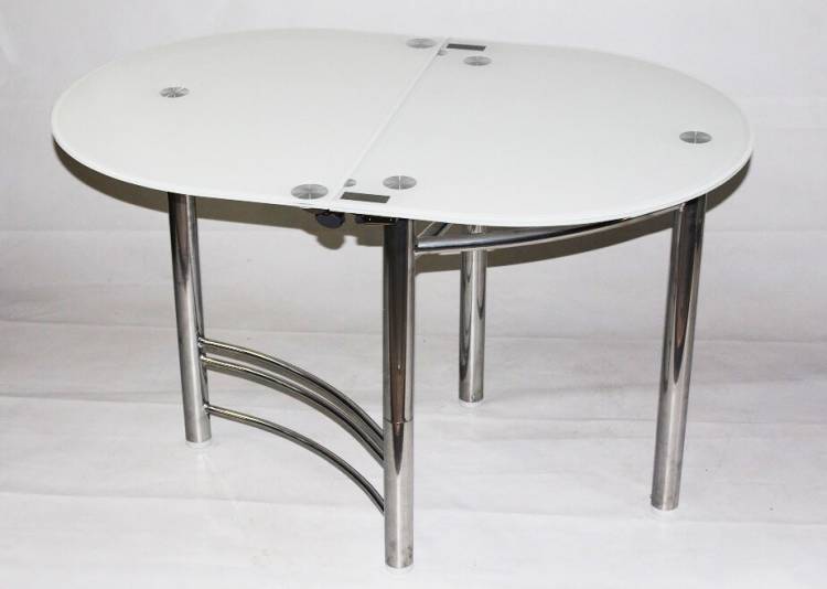 Раскладной овальный стол-трансформер из стекла Opus с белой фотопечатью
