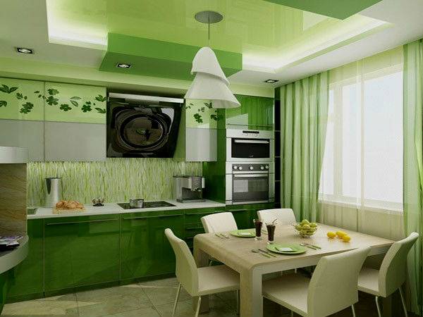 Яркие и сочные зеленые шторы для кухни