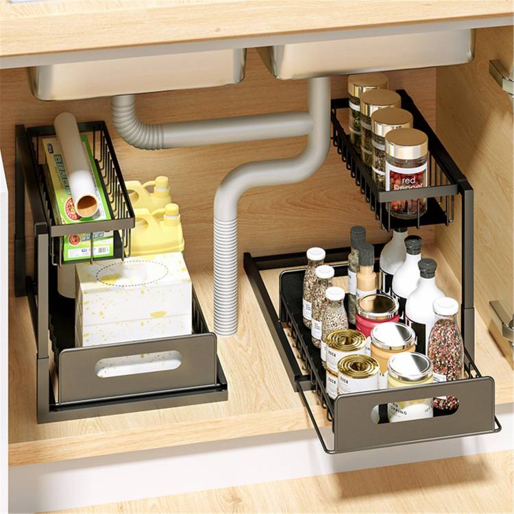 Дизайн уровня под раковину стеллаж для хранения скользящая корзина шкаф стойка выдвижной ящик для специй Органайзер полка в кухне ванной черный
