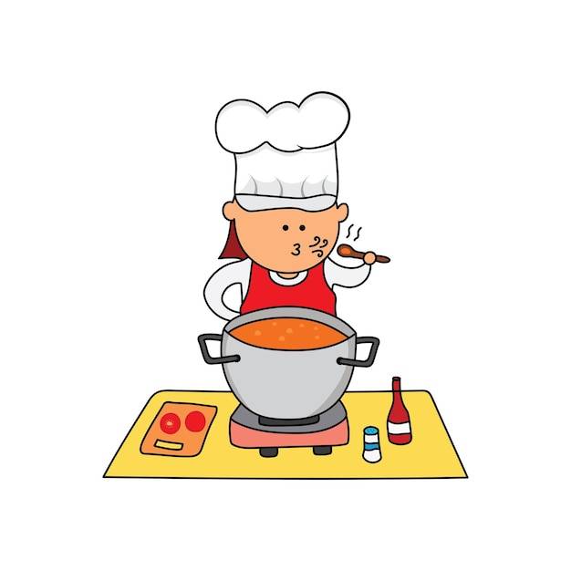Детский рисунок векторная иллюстрация шеф-повара, готовящего суп на кух