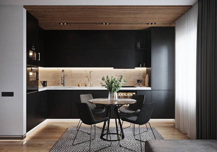Кухня черная с деревом дизай