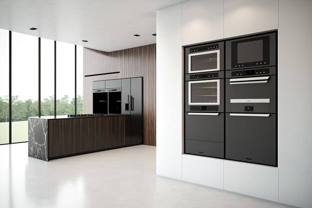 Две духовки и черная барная стойка встроены в глухую белую стену перед современной кухней