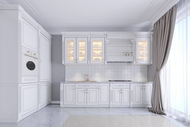 Современная белая кухня в классическом стиле, интерьер с белой мебелью и серыми стенами