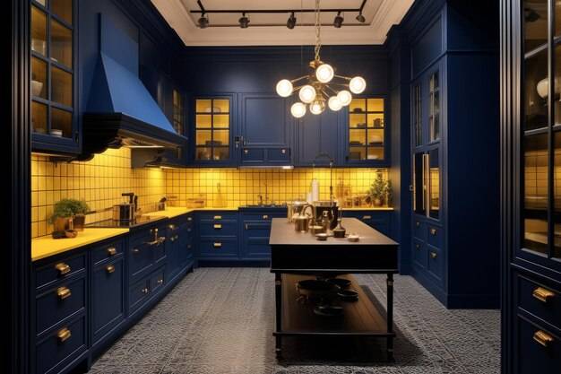 Синяя кухня с черной плитой и черной вытяжкой