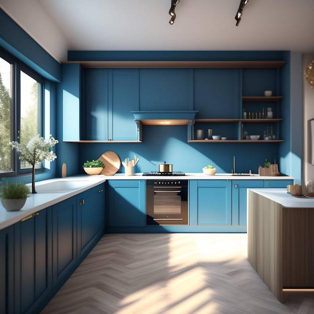 Голубая кухня с белой стойкой и черной плитой